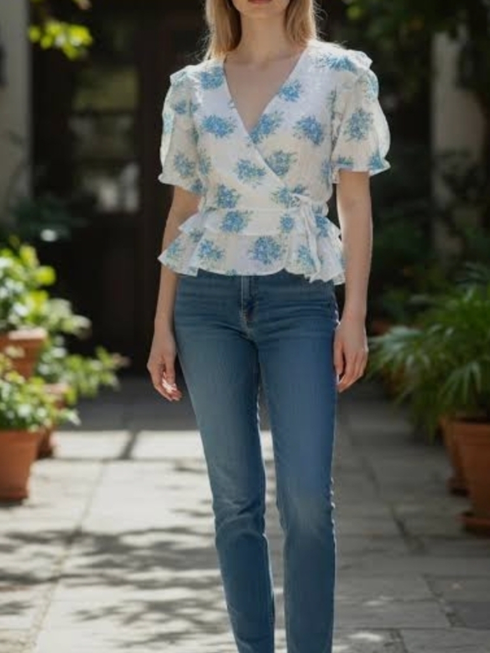 Promesa White Blouse with Blue Floral Print